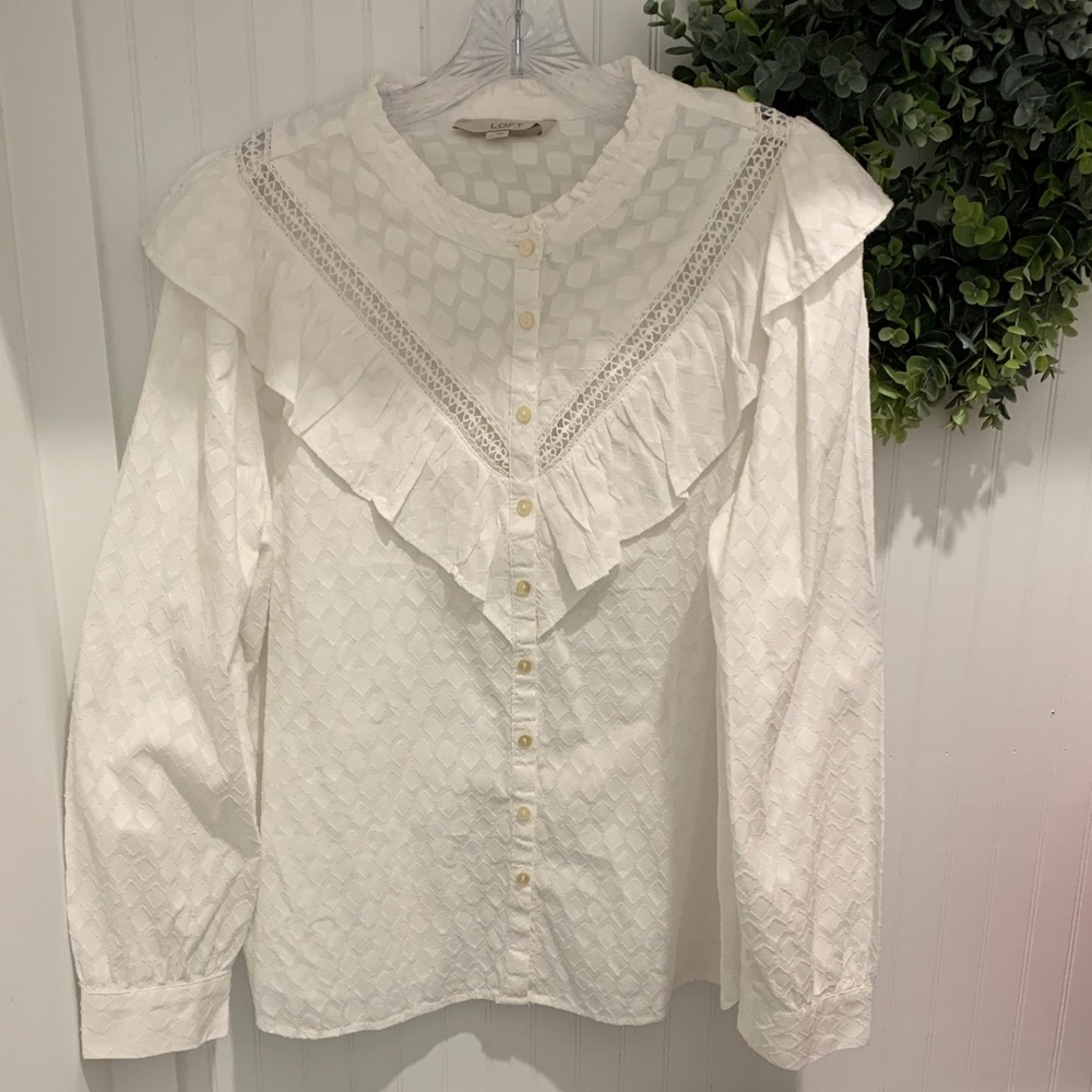 LOFT White Eyelet Ruffle Button-Up Blouse cotton L NWOT